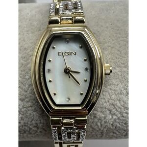 Elgin EG8092ST Ladies Mop Watch New Battery 19MM 6" Gold Tone J70